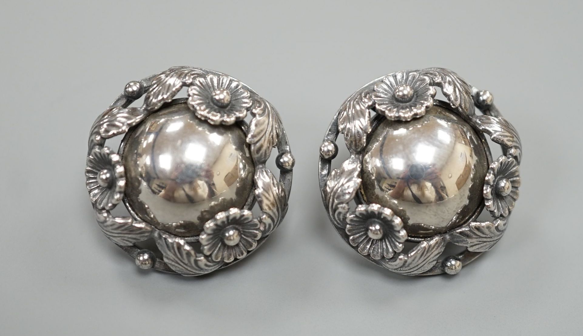 A pair Danish Niels Eric From sterling circular foliate earrings, 22mm, lacking butterflies.